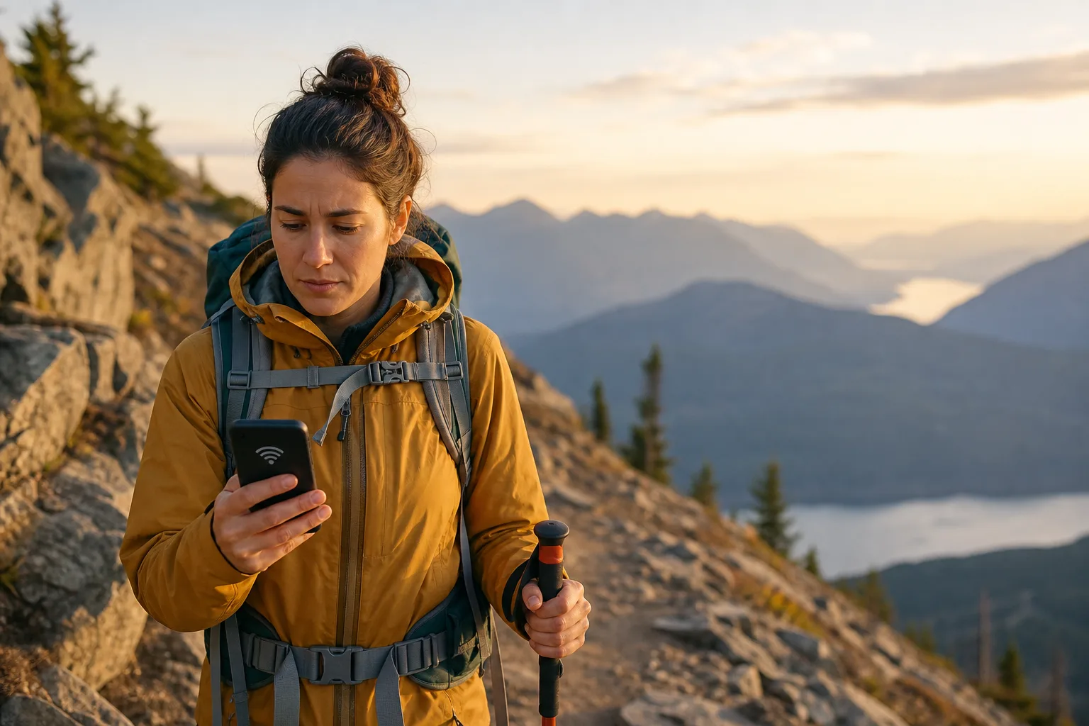 Randonneur utilisant un téléphone sans signal sur un sentier de montagne